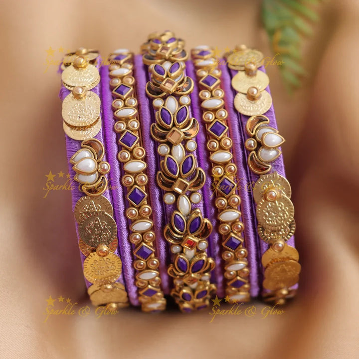 Lotus Floral Silk Thread Bangles - Kundan Coin Detail