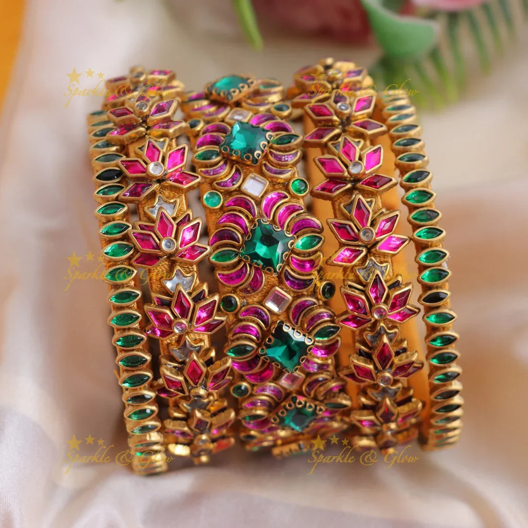 Kundan Floral Silk Thread Bangles - Green & Pink