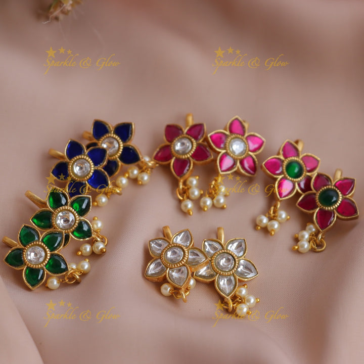 Elegant Jadau Floral Meenakari Bugadi Earrings with Kundan and Pearl Drops