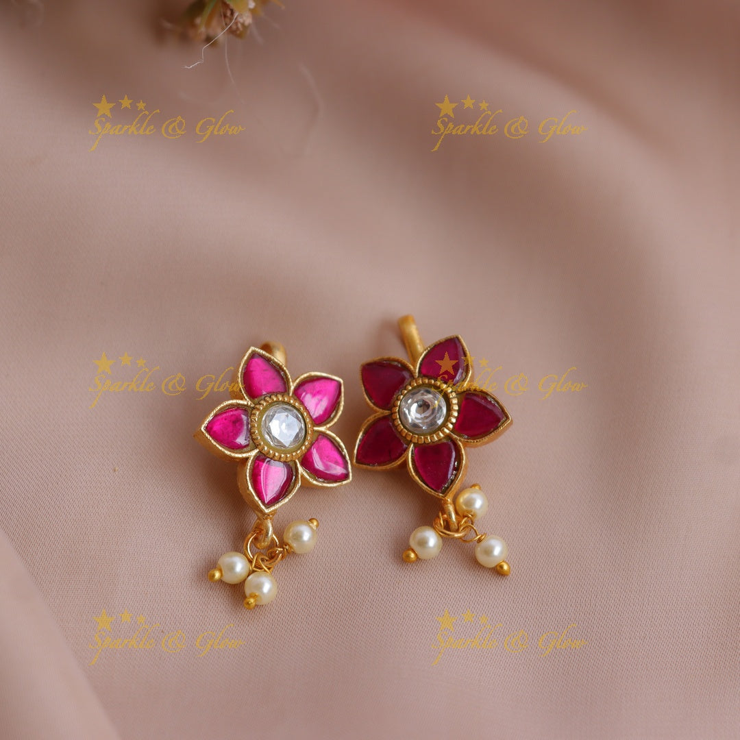 Elegant Jadau Floral Meenakari Bugadi Earrings with Kundan and Pearl Drops