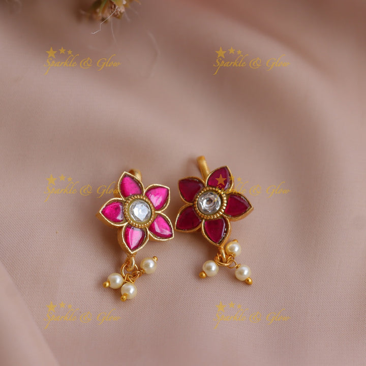 Elegant Jadau Floral Meenakari Bugadi Earrings with Kundan and Pearl Drops