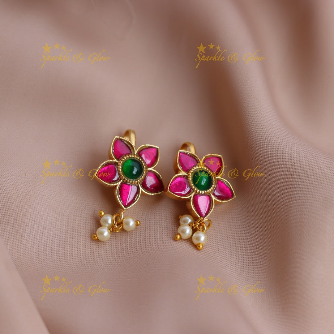 Elegant Jadau Floral Meenakari Bugadi Earrings with Kundan and Pearl Drops