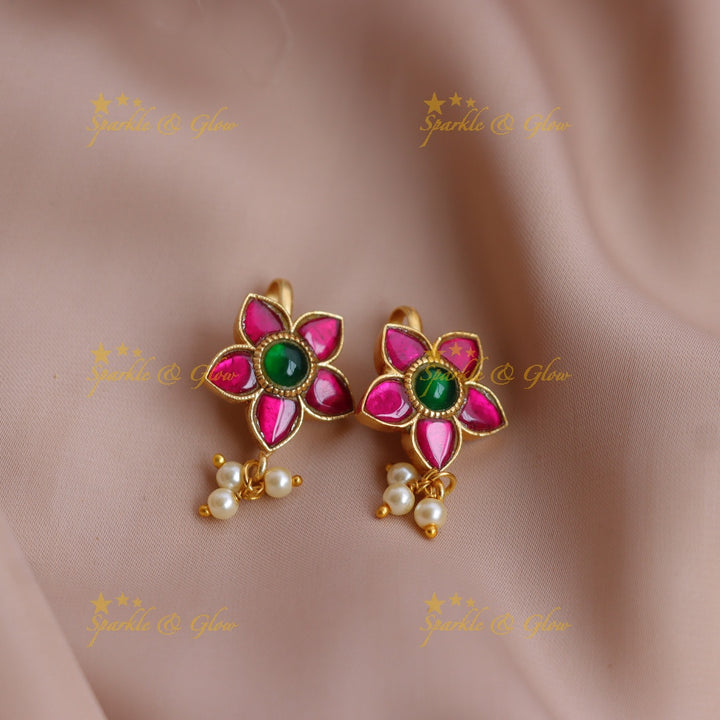 Elegant Jadau Floral Meenakari Bugadi Earrings with Kundan and Pearl Drops