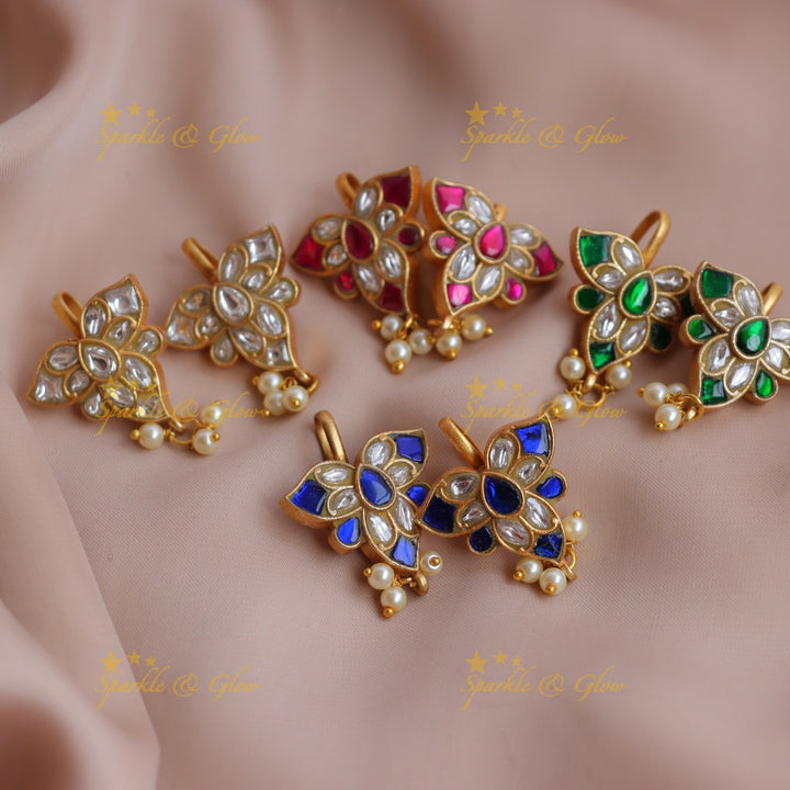 Statement Leaf Motif Jadau Kundan Bugadi Earrings with Pearl Drops