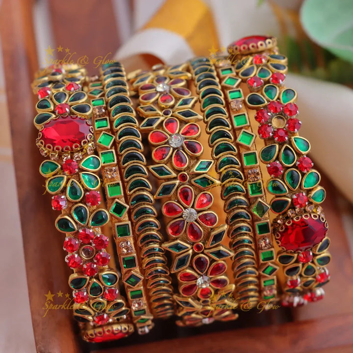 Stunning Multicolor Kundan Floral Silk thread Bangles Set with Crystal Accents - Sparkle and Glow