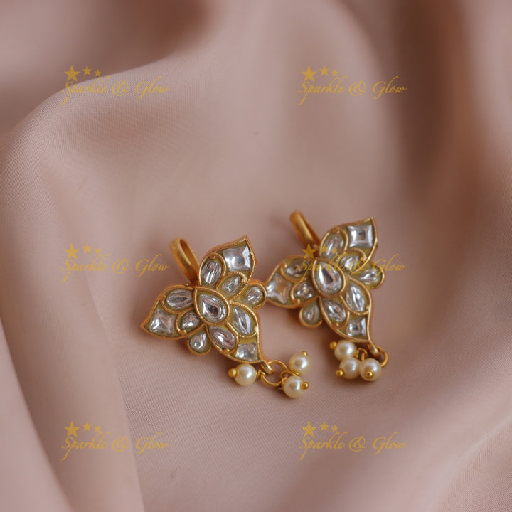 Statement Leaf Motif Jadau Kundan Bugadi Earrings with Pearl Drops