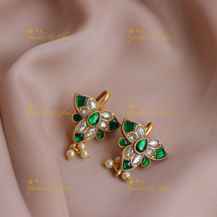 Statement Leaf Motif Jadau Kundan Bugadi Earrings with Pearl Drops