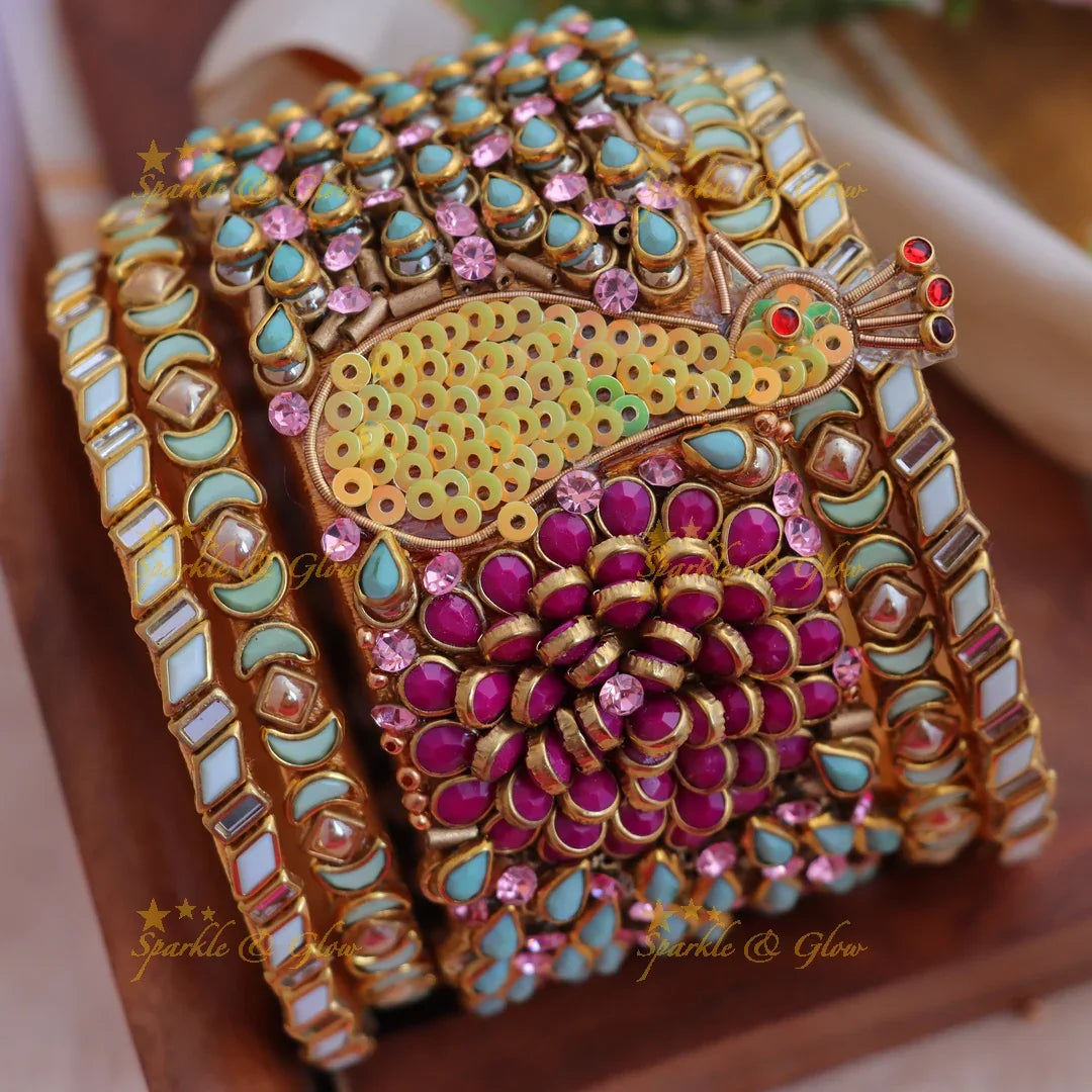 Elegant Pink & Pastel Peacock Design Kundan Silk thread Bangles set - Sparkle and Glow