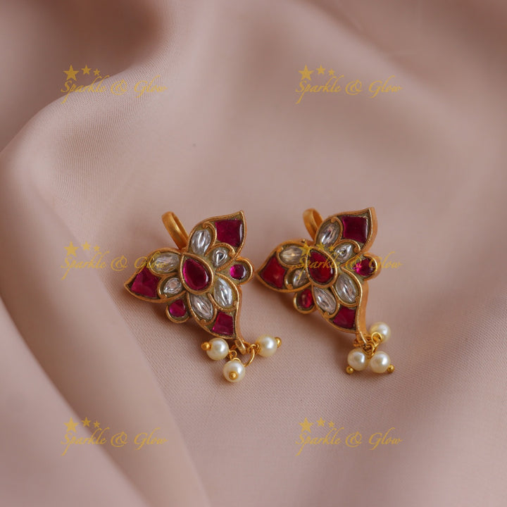 Statement Leaf Motif Jadau Kundan Bugadi Earrings with Pearl Drops