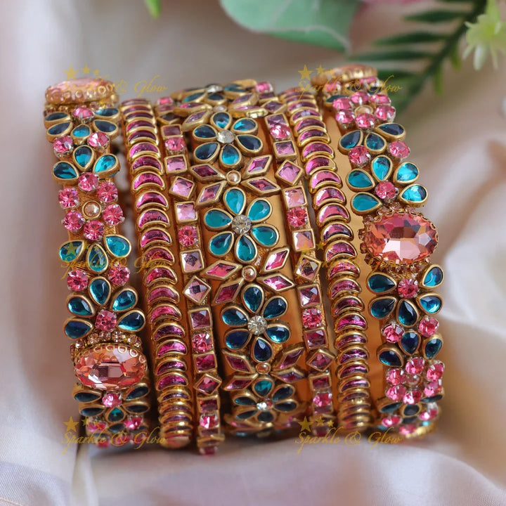 Stunning Multicolor Kundan Floral Silk thread Bangles Set with Crystal Accents - Sparkle and Glow