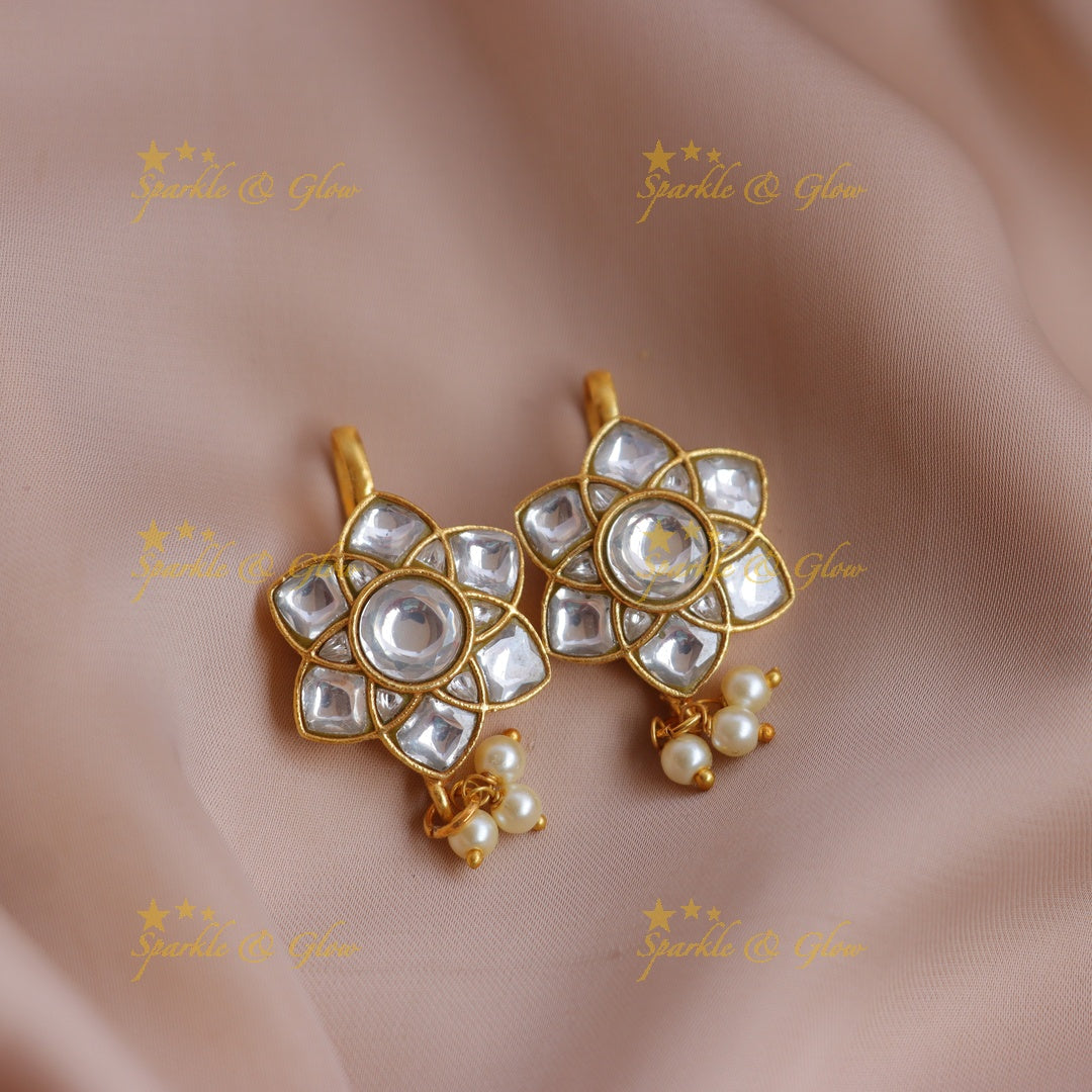 Statement Jadau Kundan Floral Bugadi Earrings with Pearl Drops