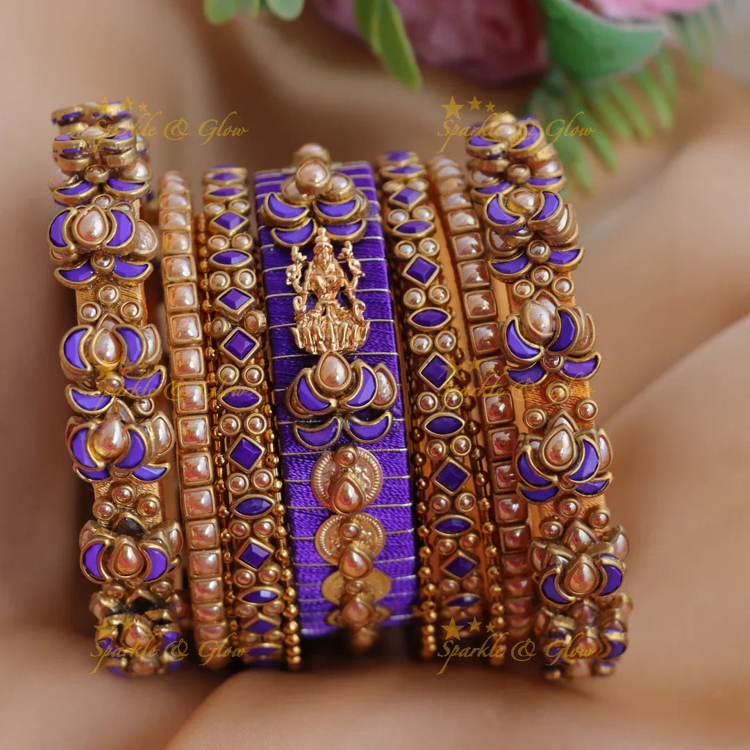 Traditional Pink Thread & Lakshmi Motif Temple Silk thread Bangle Set - Sparkle and Glow