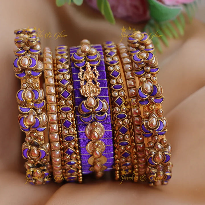 Traditional Pink Thread & Lakshmi Motif Temple Silk thread Bangle Set - Sparkle and Glow