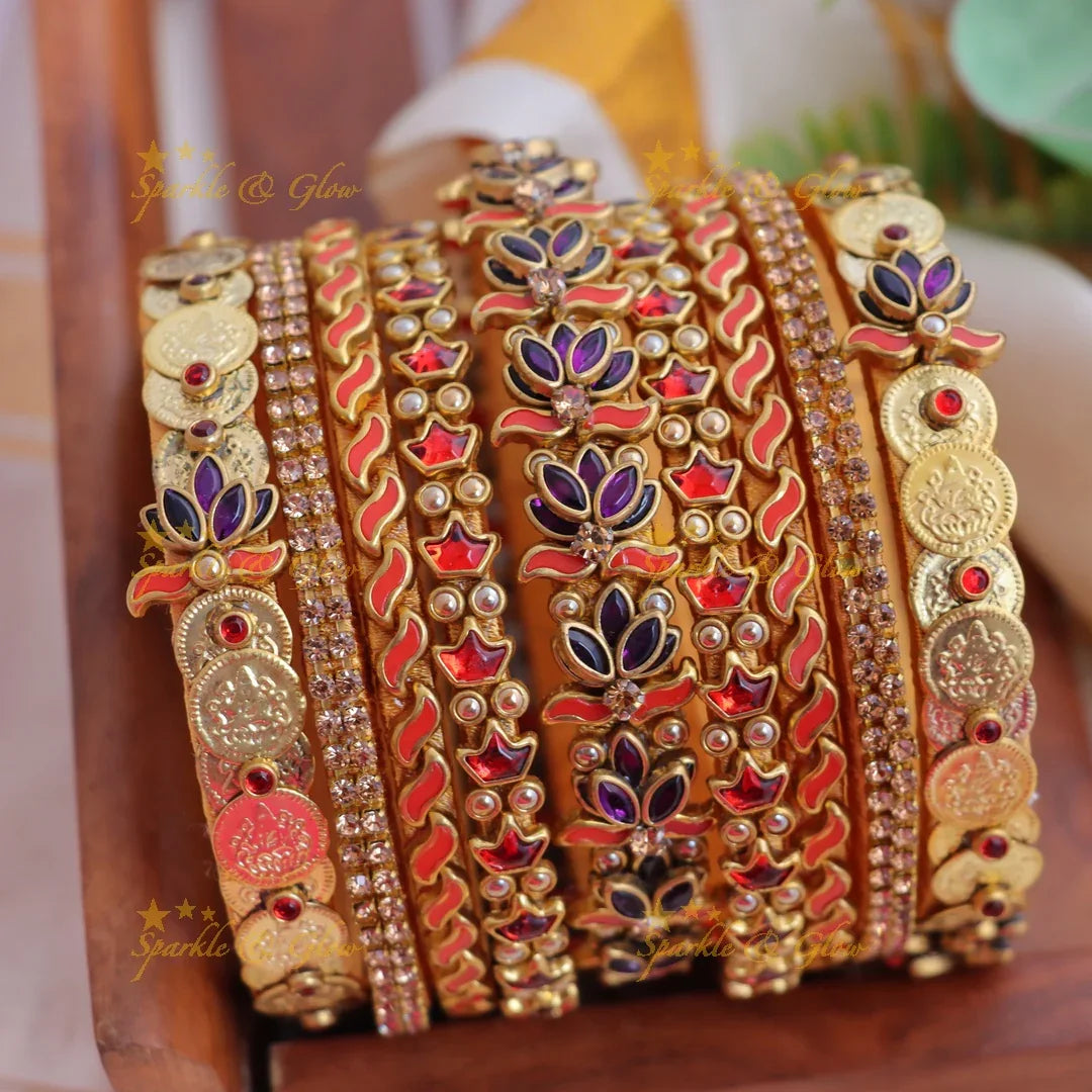 Stunning Traditional Red & Purple Lotus Motif Coin Silk thread Bangle Set - Sparkle and Glow
