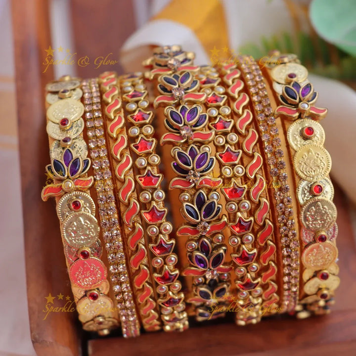 Stunning Traditional Red & Purple Lotus Motif Coin Silk thread Bangle Set - Sparkle and Glow