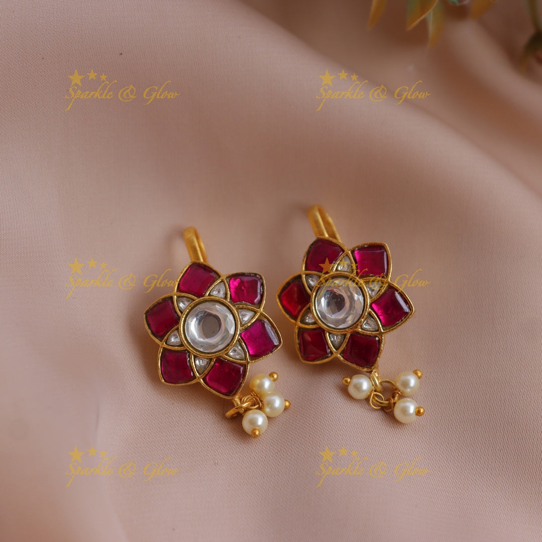 Statement Jadau Kundan Floral Bugadi Earrings with Pearl Drops