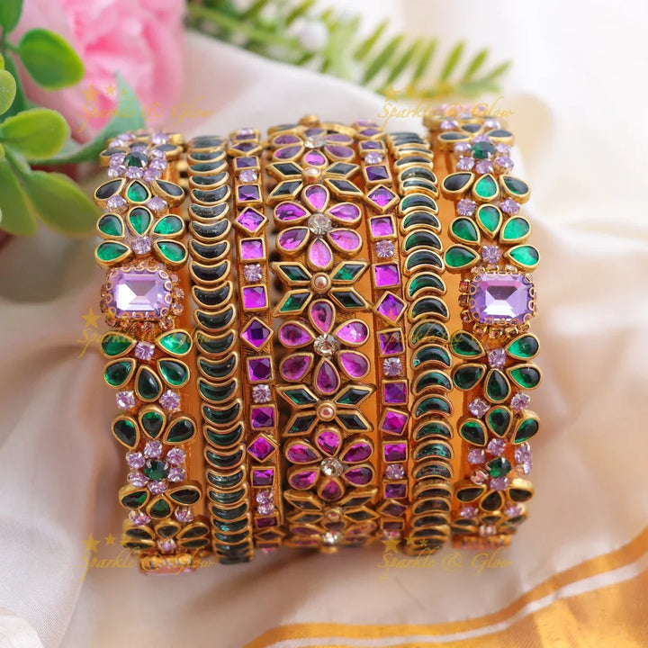 Stunning Multicolor Kundan Floral Silk thread Bangles Set with Crystal Accents - Sparkle and Glow