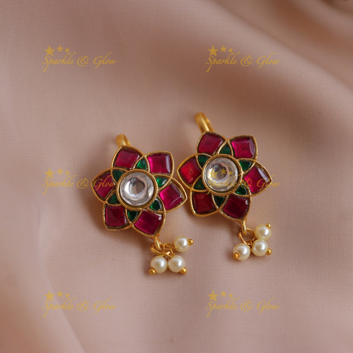 Statement Jadau Kundan Floral Bugadi Earrings with Pearl Drops