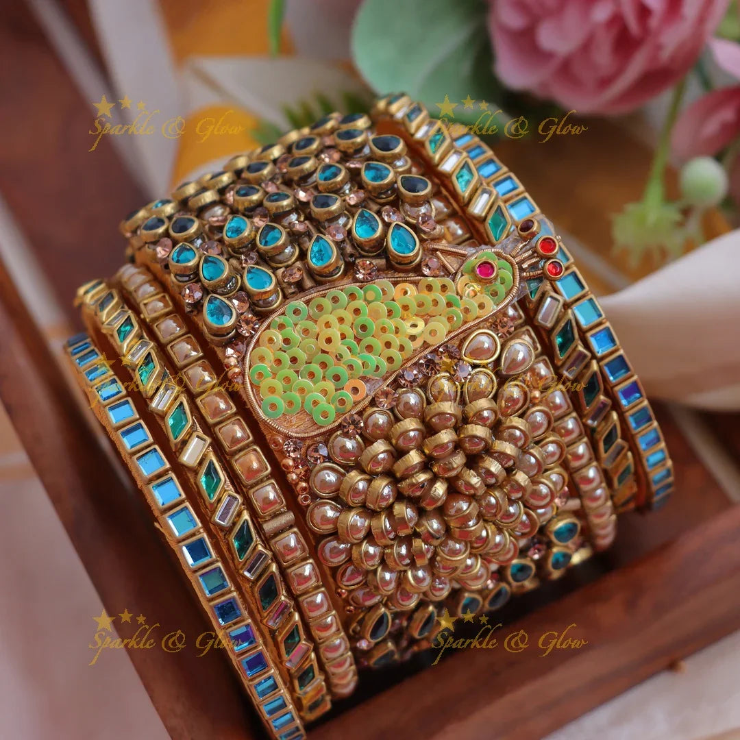 Stunning Gold Peacock Design Blue Kundan Stone Silk thread Bangle set - Sparkle and Glow