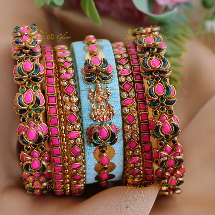 Traditional Pink Thread & Lakshmi Motif Temple Silk thread Bangle Set - Sparkle and Glow