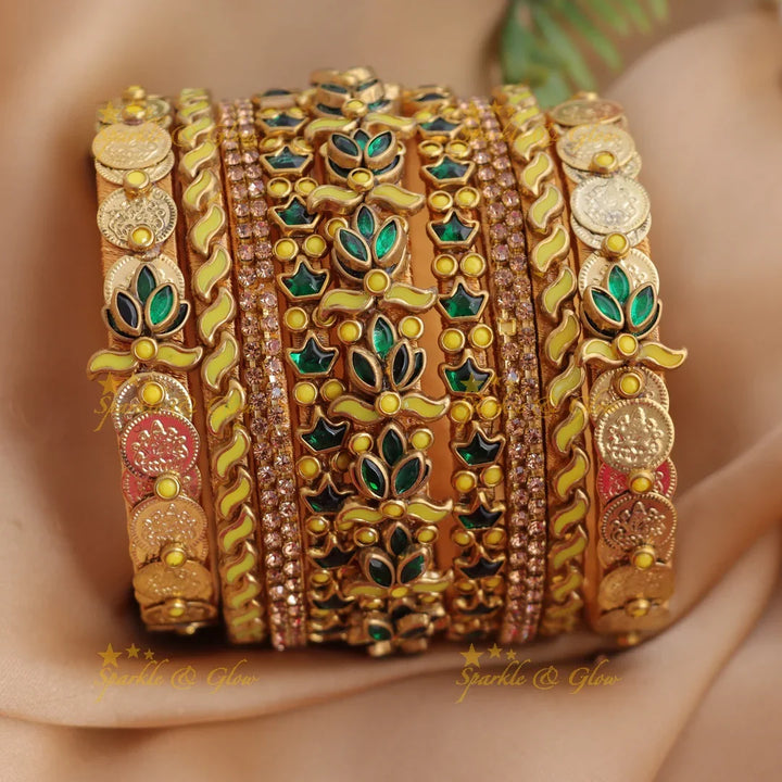 Stunning Traditional Red & Purple Lotus Motif Coin Silk thread Bangle Set - Sparkle and Glow