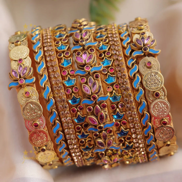 Stunning Traditional Red & Purple Lotus Motif Coin Silk thread Bangle Set - Sparkle and Glow