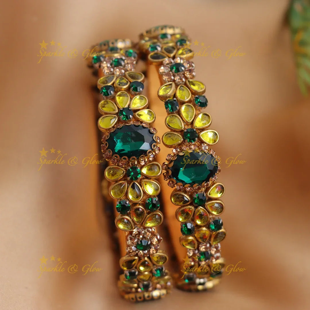 Stunning Emerald Green & Yellow Floral Kundan Stone Silk thread Bangles set - Sparkle and Glow