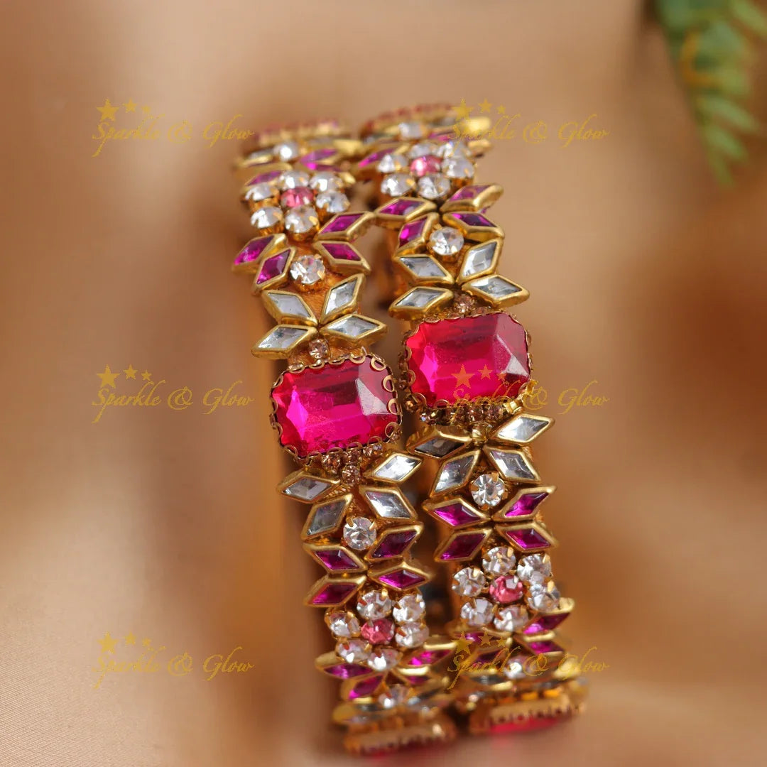 Stunning Ruby Pink & White Kundan Stone Floral Designer Silk thread Bangles set - Sparkle and Glow