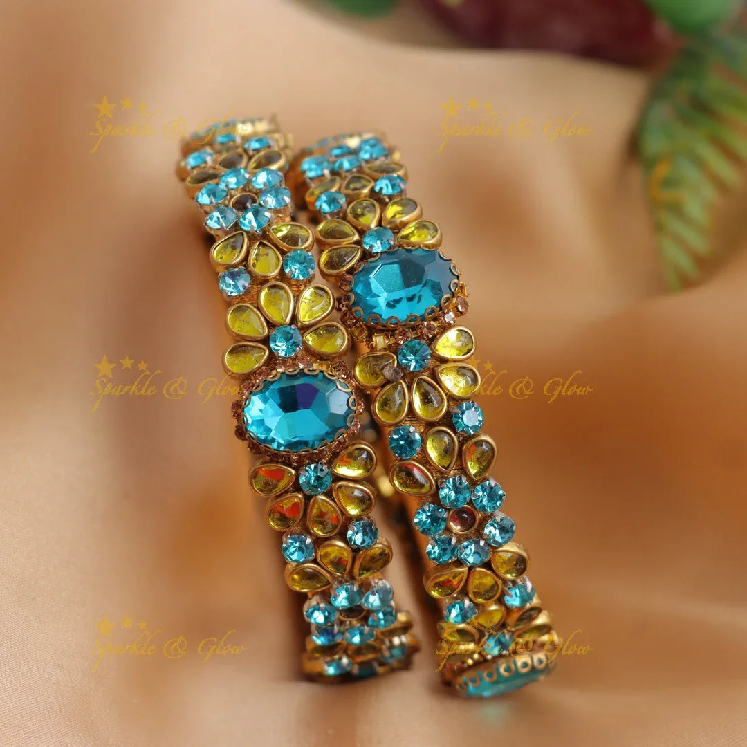 Stunning Emerald Green & Yellow Floral Kundan Stone Silk thread Bangles set - Sparkle and Glow