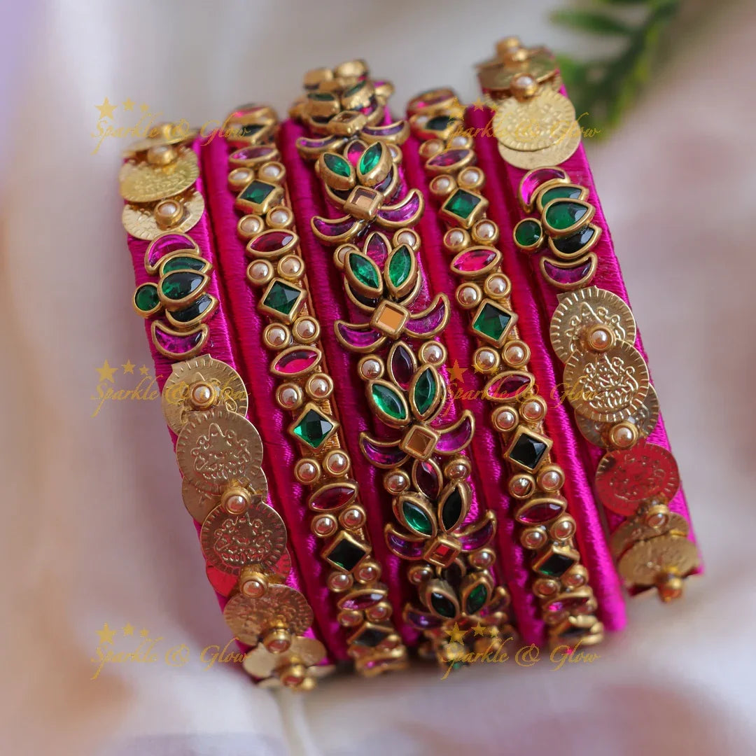 Lotus Floral Silk Thread Bangles - Kundan Coin Detail