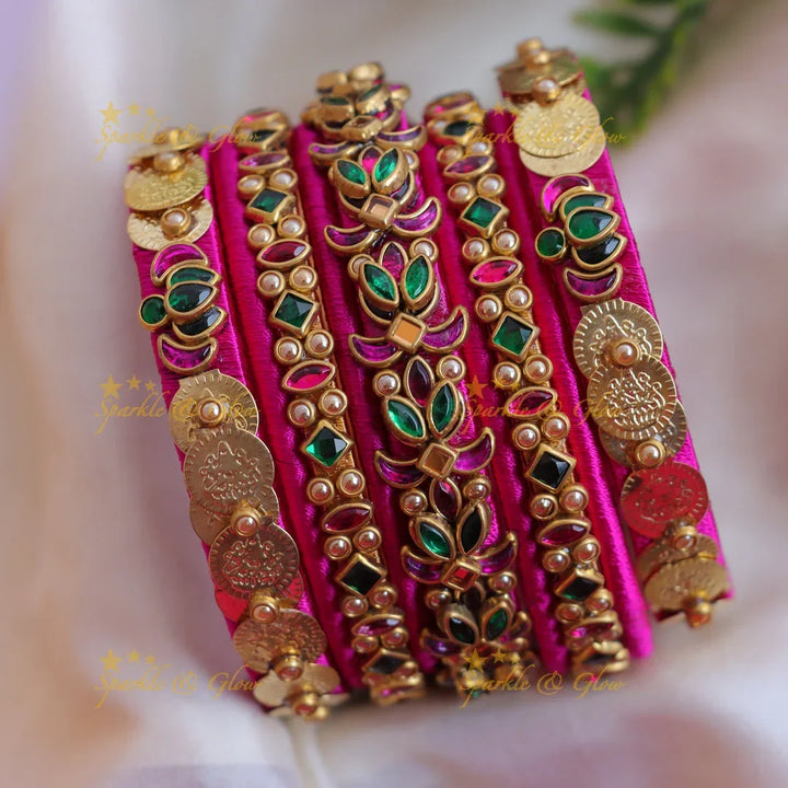 Lotus Floral Silk Thread Bangles - Kundan Coin Detail
