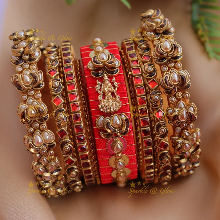 Traditional Pink Thread & Lakshmi Motif Temple Silk thread Bangle Set - Sparkle and Glow