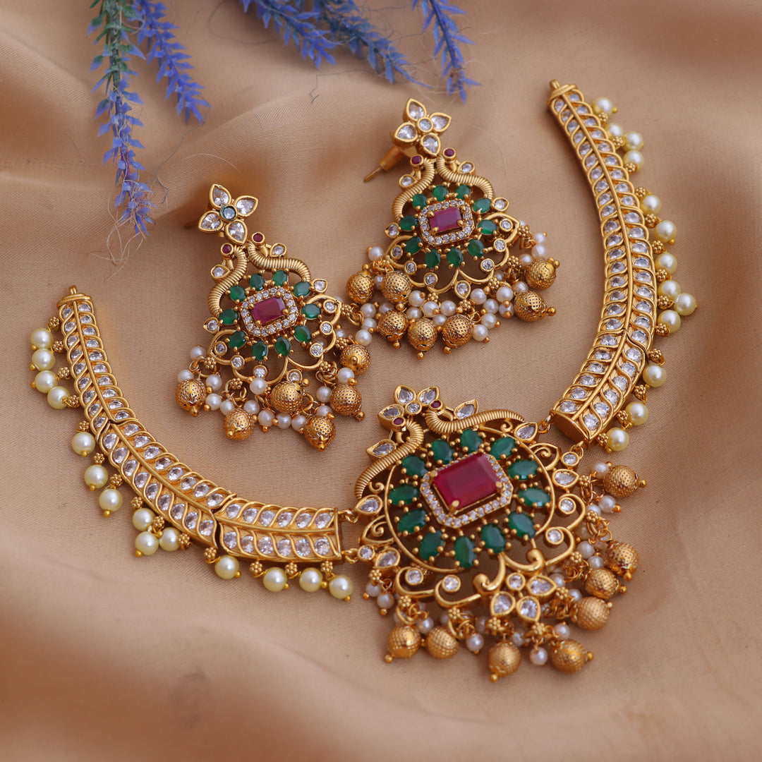 Stunning Antique gold alike Temple Necklace Set with Ruby, Green Stones & Pearl Drops