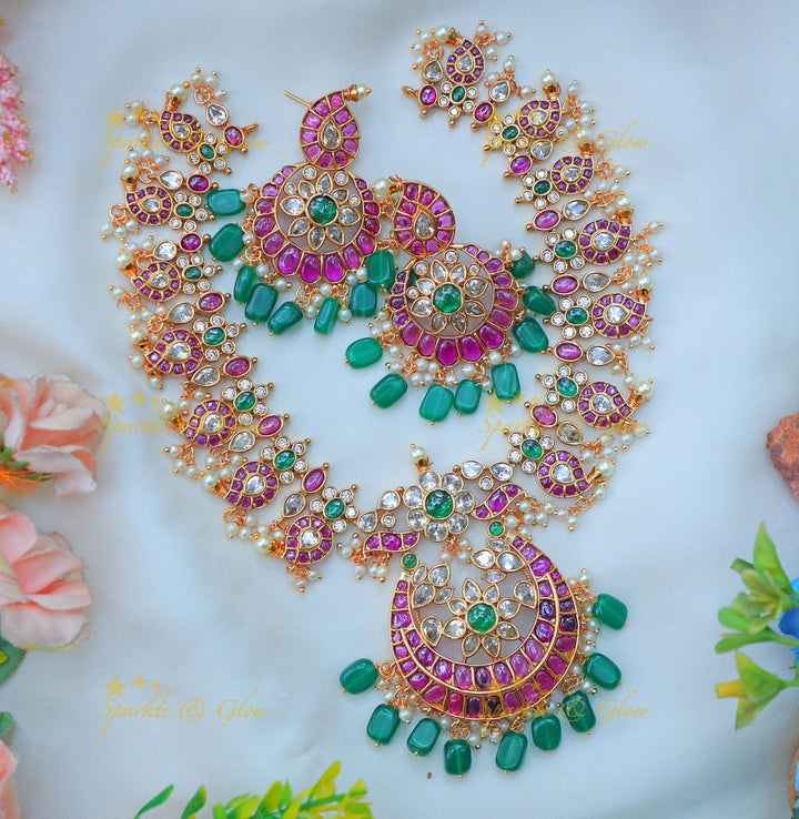 Statement Kemp Mango Floral Short necklace with Green Beads and Pink Accents