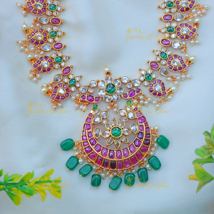 Statement Kemp Mango Floral Short necklace with Green Beads and Pink Accents