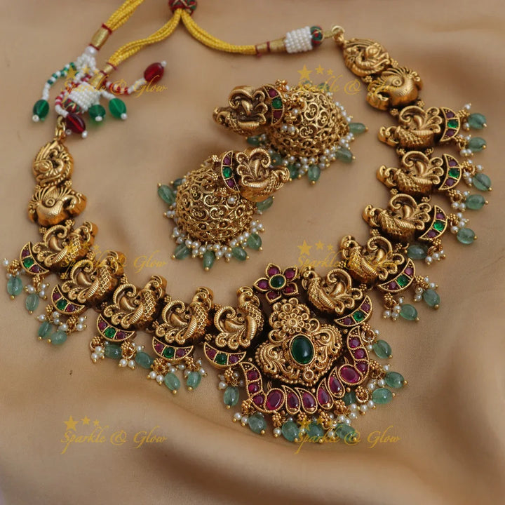 Elegant Antique Gold alike Peacock Temple Necklace Set with Green Beads - Sparkle and Glow