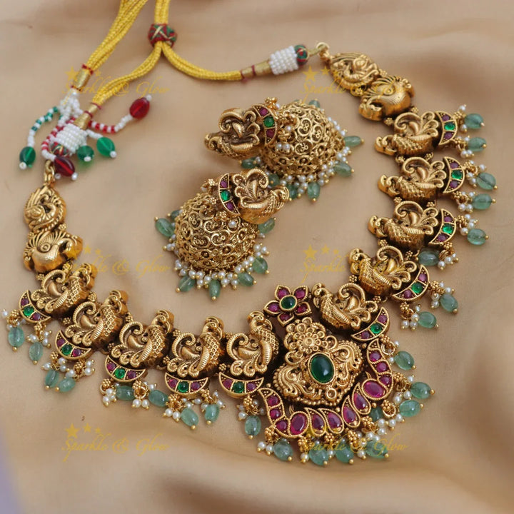 Elegant Antique Gold alike Peacock Temple Necklace Set with Green Beads - Sparkle and Glow