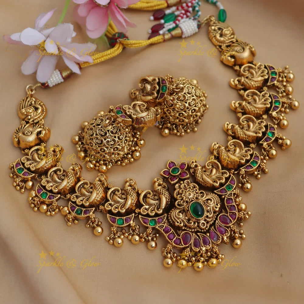 Elegant Antique Gold alike Peacock Temple Necklace Set with Green Beads - Sparkle and Glow