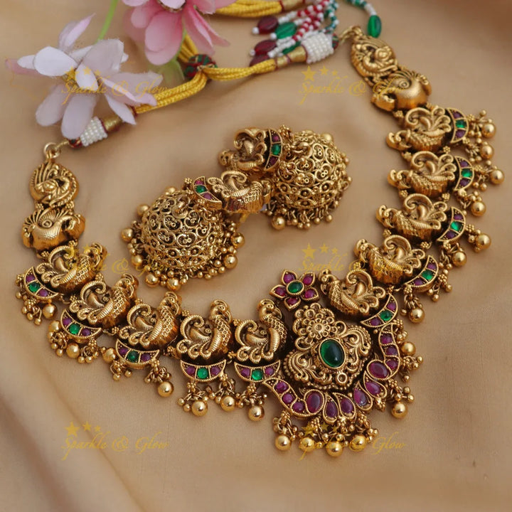 Elegant Antique Gold alike Peacock Temple Necklace Set with Green Beads - Sparkle and Glow