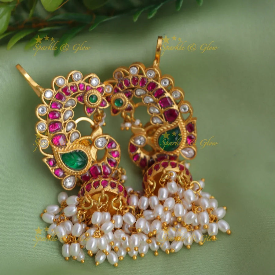 Stunning Jadau Kundan Peacock Design Jhumka Earrings with rice pearl Drops - Sparkle and Glow