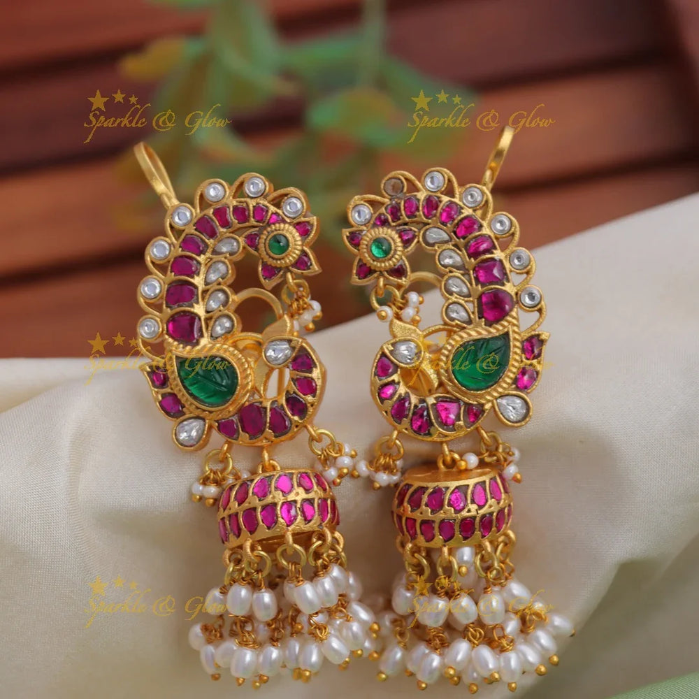 Stunning Jadau Kundan Peacock Design Jhumka Earrings with rice pearl Drops - Sparkle and Glow