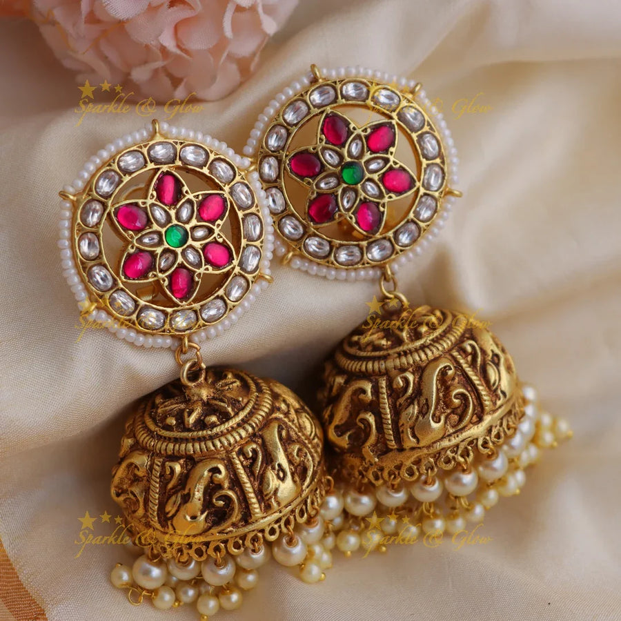 Stunning Pearl cluster Jadau Kundan Floral Elephant Earrings with Pearl drops - Sparkle and Glow