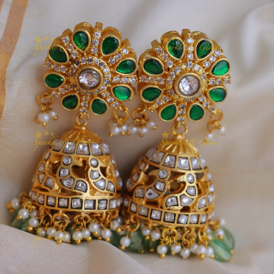 Grand Jadau Kundan Peacock Floral Jhumka with Emerald stones and beads - Sparkle and Glow