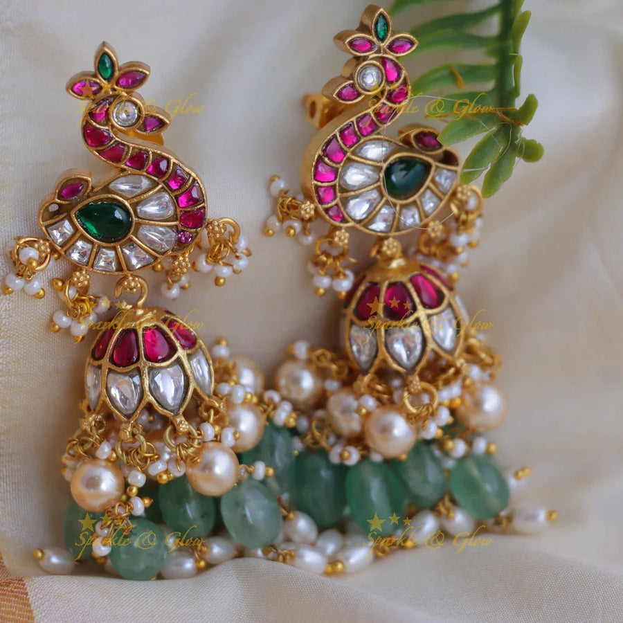 Grand Peacock Floral Jadau Kundan Earrings with Green beads and pearls - Sparkle and Glow