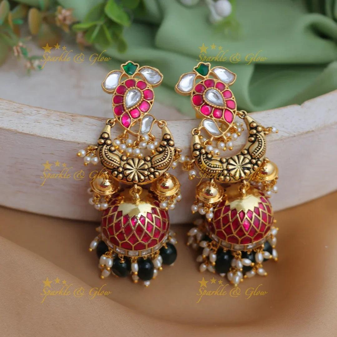 Grand Jadau Kundan Mango Floral Jhumka with Green beads and Pearls - Sparkle and Glow