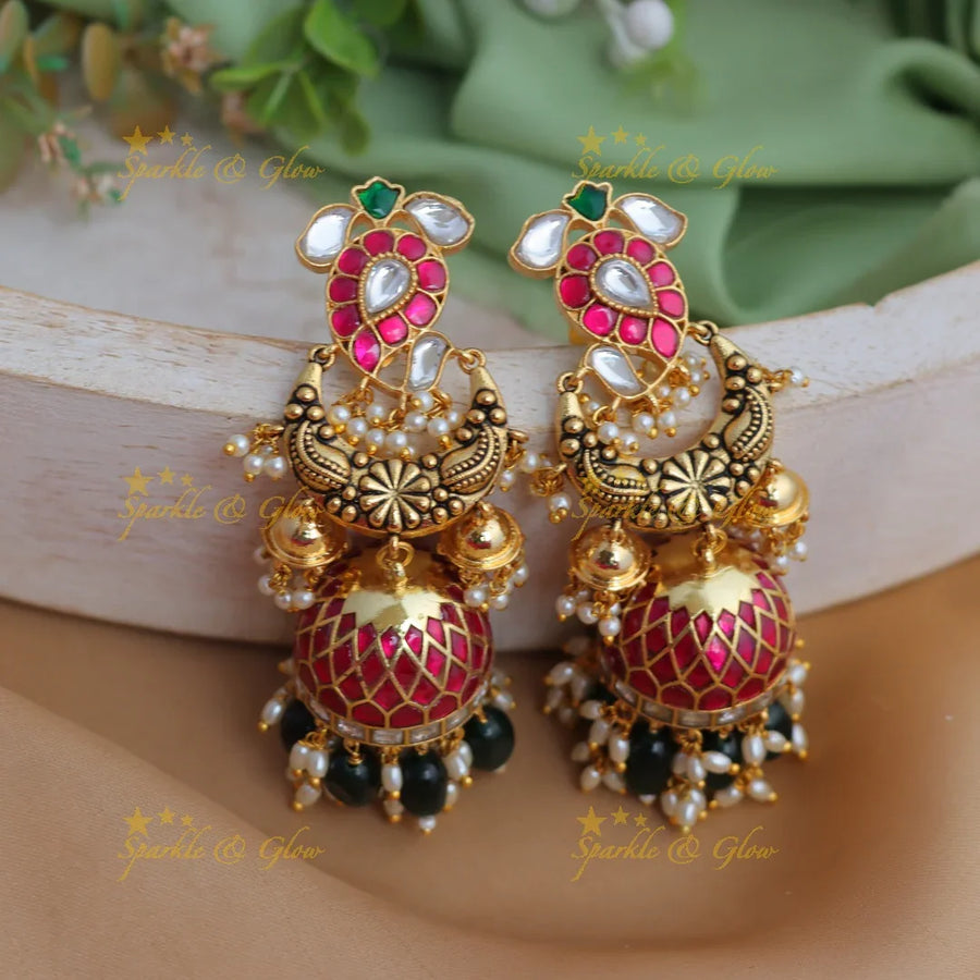Grand Jadau Kundan Mango Floral Jhumka with Green beads and Pearls - Sparkle and Glow