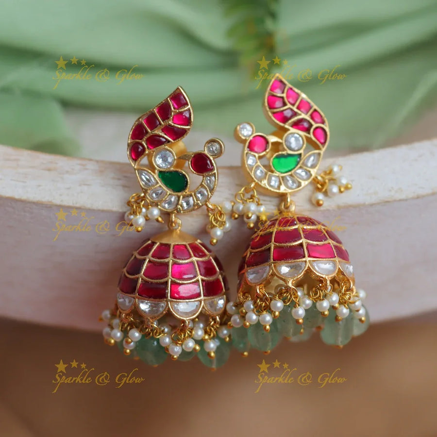 Statement Jadau Kundan Peacock Jhumkas with Mintgreen beads - Sparkle and Glow