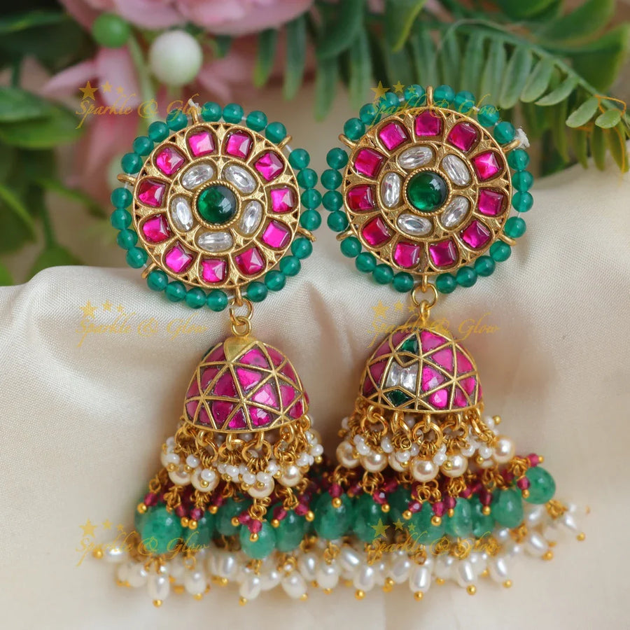 Grand Jadau Kundan Floral Bridal jhumkas with Green beads and pearls - Sparkle and Glow