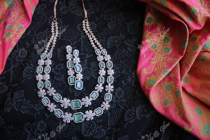 Rose gold pastel pink AD stones layer necklace - Sparkle and Glow - Mint Green - Back Chain