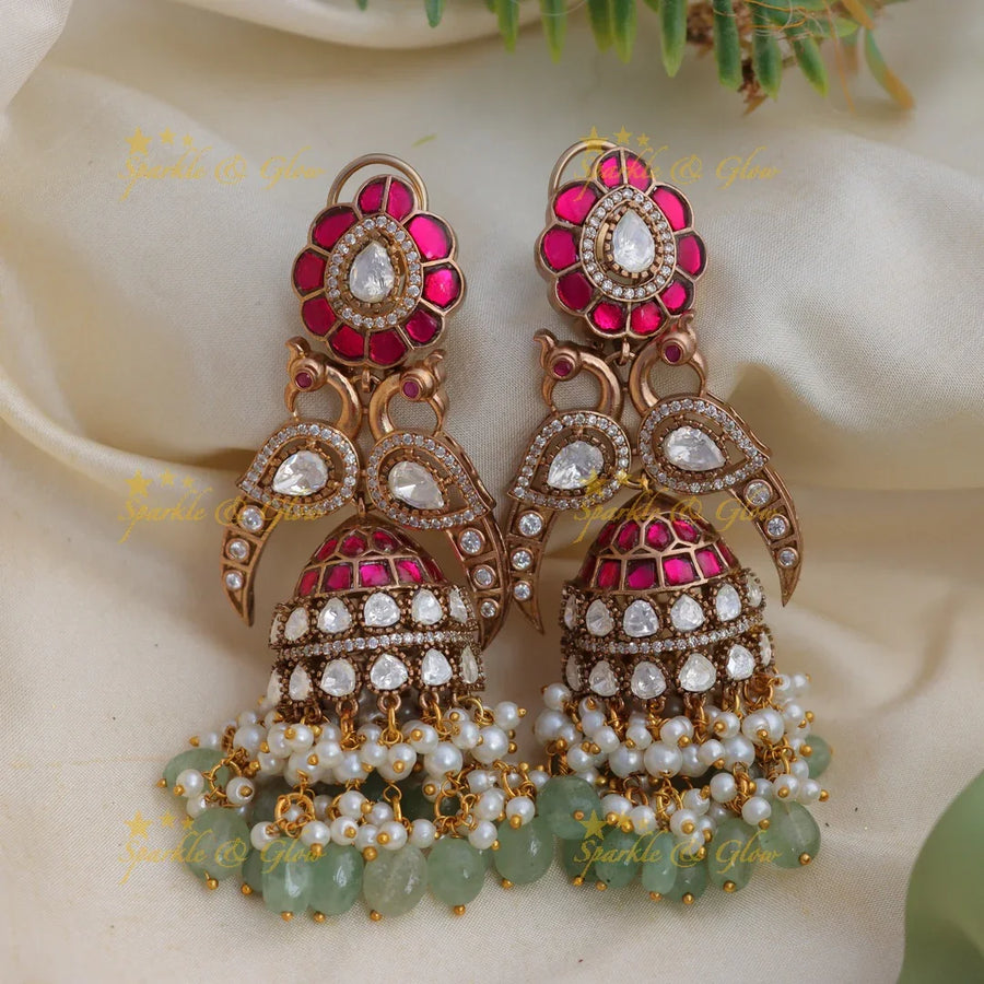 Statement Jadau Kundan Dual tone Peacock Floral Jhumkas with Mintgreen beads - Sparkle and Glow